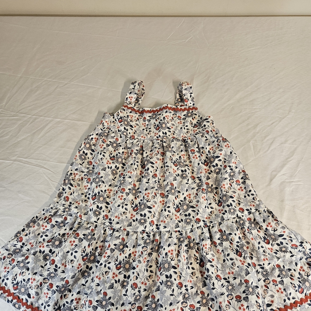 Girls White Floral Tiered Sundress with Navy and Red Accents